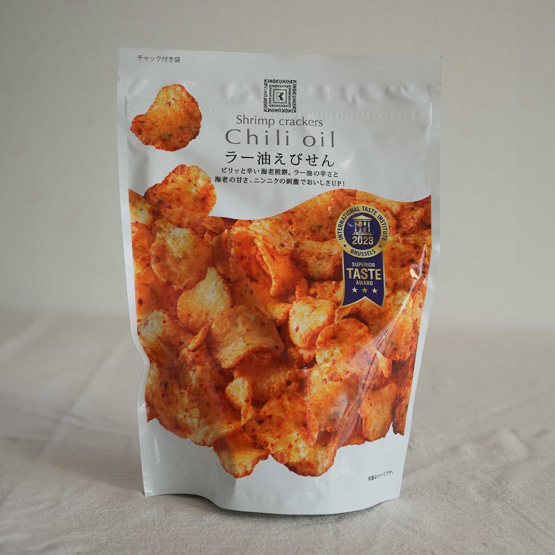 Front of Kinokuniya Chili Oil Shrimp Crackers package